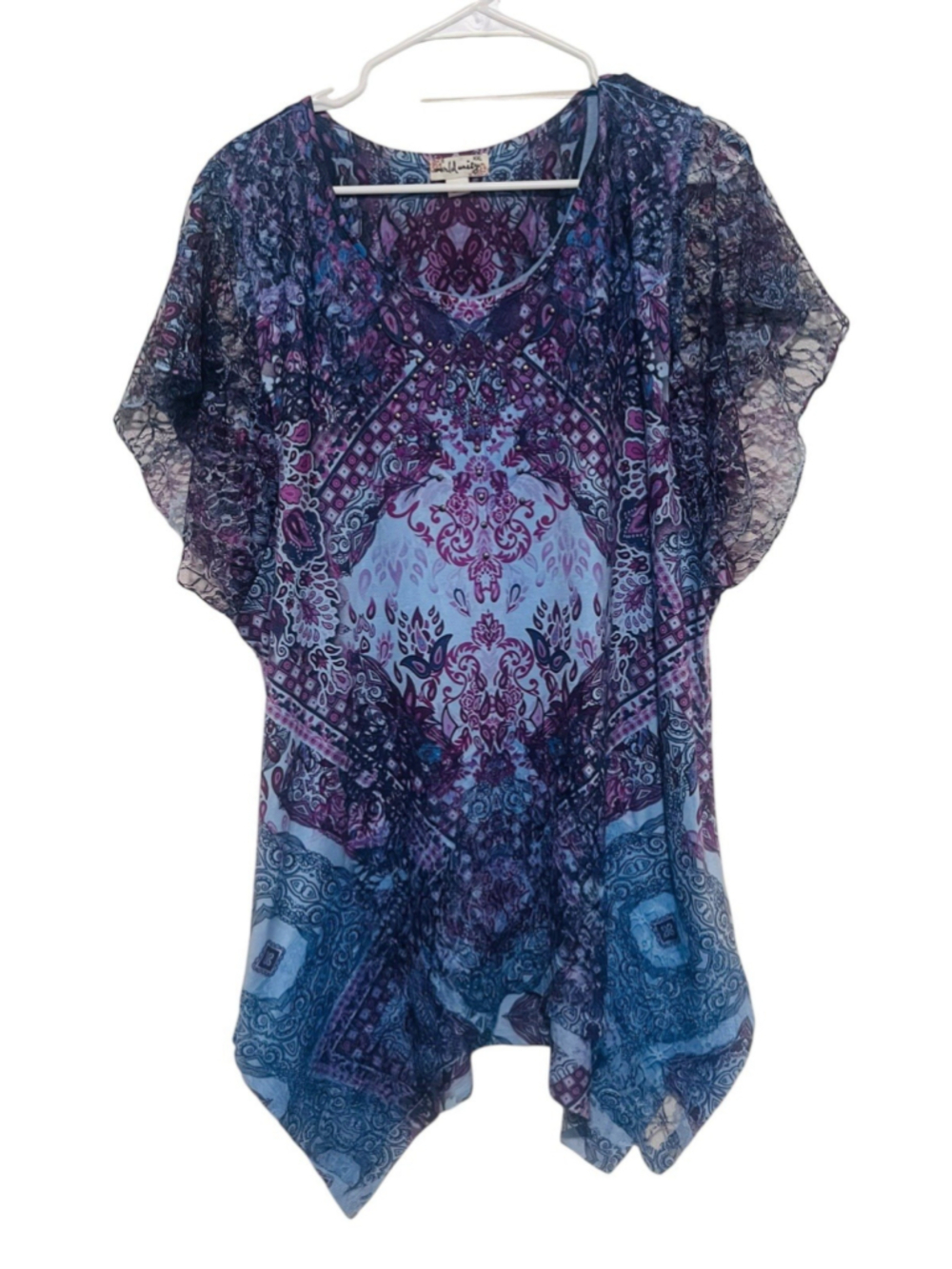 World Unity Embellished Tunic Women's XXL 2X Purple Blue Beaded Lace Flowy Top
